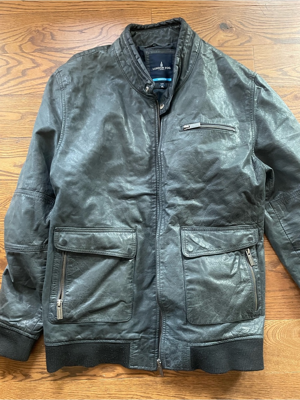 London Fog Men's Dark Green Leather Bomber Jacket